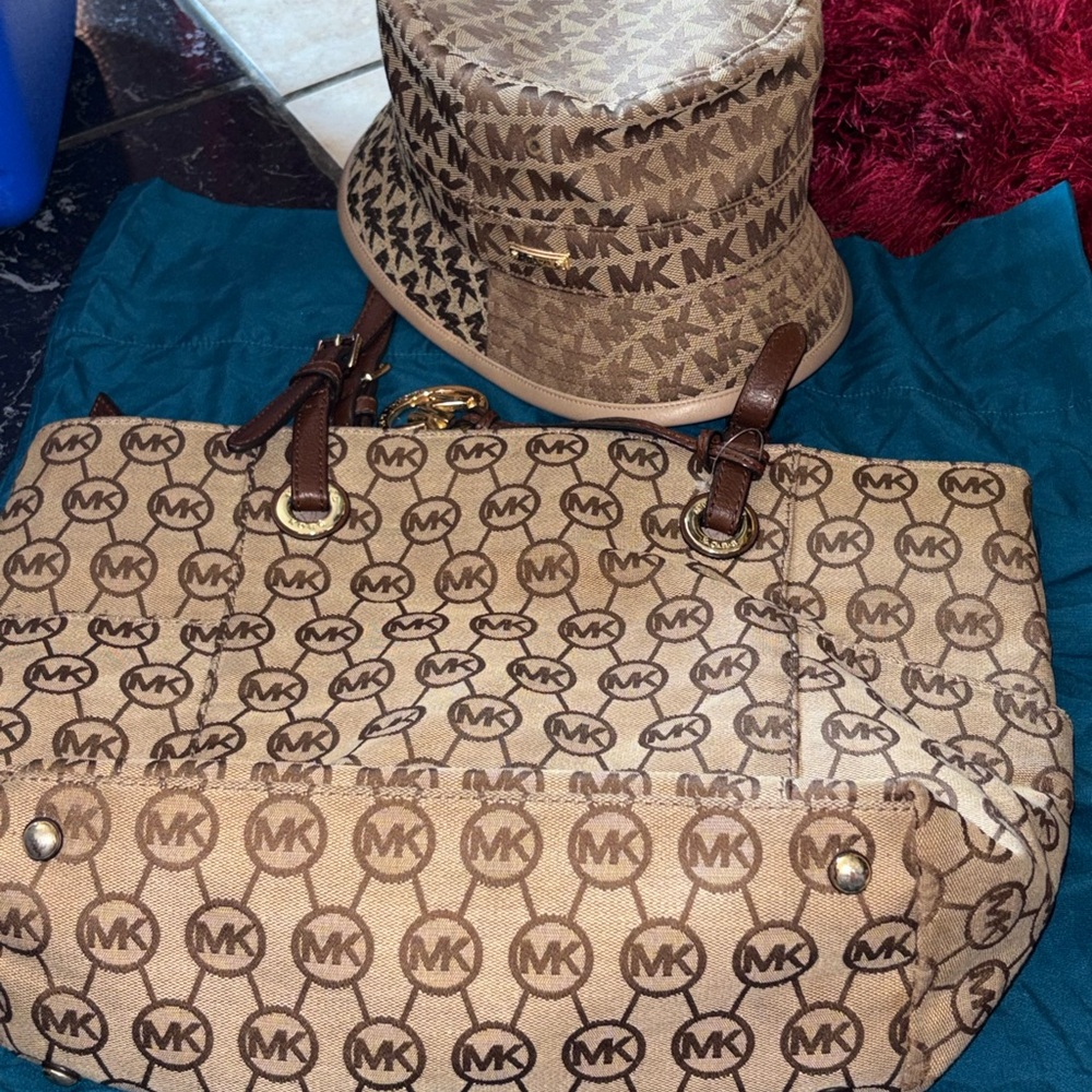 Michael Kors Tan and Brown MK Logo Tote with Matching Bucket Hat